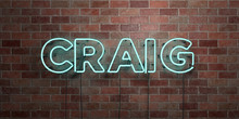 CRAIG - Fluorescent Neon Tube Sign On Brickwork - Front View - 3D Rendered Royalty Free Stock Picture. Can Be Used For Online Banner Ads And Direct Mailers..