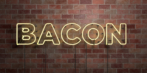 Wall Mural - bacon - fluorescent neon tube sign on brickwork - front view - 3d rendered royalty free stock pictur