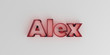 Alex - Red glass text on white background - 3D rendered royalty free stock image.
