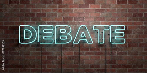 Cuadros en Lienzo DEBATE - fluorescent Neon tube Sign on brickwork - Front view - 3D rendered royalty free stock picture