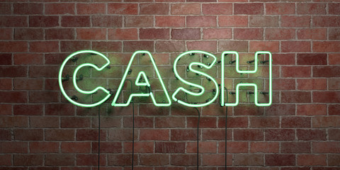 Wall Mural - cash - fluorescent neon tube sign on brickwork - front view - 3d rendered royalty free stock picture