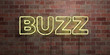 BUZZ - fluorescent Neon tube Sign on brickwork - Front view - 3D rendered royalty free stock picture. Can be used for online banner ads and direct mailers..