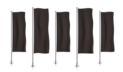 Five black vertical banner flags, standing in a row. Banner flag templates isolated on a white background. Vertical flags realistic mockup.