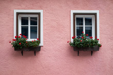 View Of Traditional Alps House With Windows And Flowers