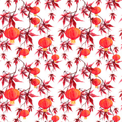 Wall Mural - Red maple leaves, paper lantern. Japanese asian seamless pattern. Watercolor