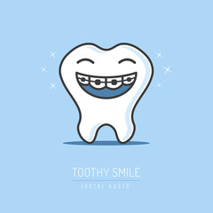 Happy tooth cartoon mascot with braces on teeth smiling vector illustration 