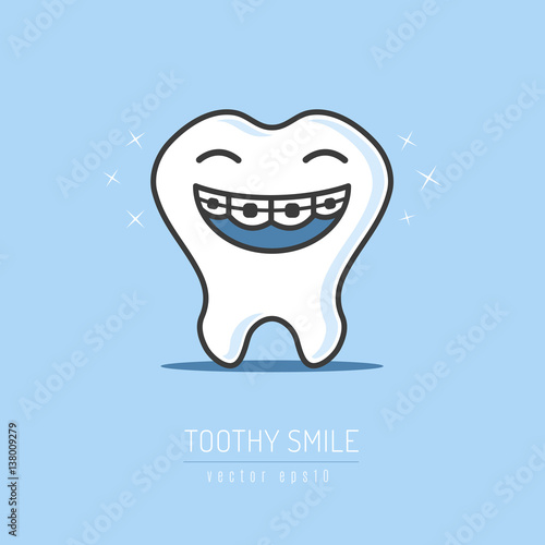 Download Happy tooth cartoon mascot with braces on teeth smiling ...