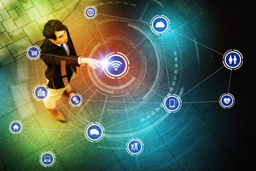 Aufkleber - young man pointing to the air and Internet of Things concept