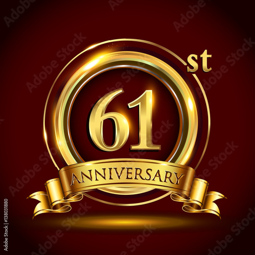 Poster 61st golden anniversary logo with gold ring and golden ribbon, vector design fo