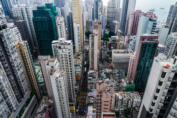 aerial view of Hong Kong apartment block in China.