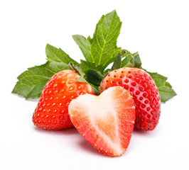 Poster - Red berry strawberry isolated on white background. Strawberries with leaves. Isolated on a white