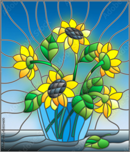 Obraz w ramie Illustration in stained glass style with bouquets of sunflowers in a blue vase on table on a blue background