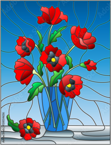 Obraz w ramie Illustration in stained glass style with bouquets of red poppies flowers in a blue vase on table on a blue background