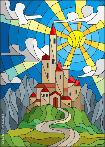 Naklejka na szafę Illustration in stained glass style landscape with old castle on the background of sky, sun and mountains