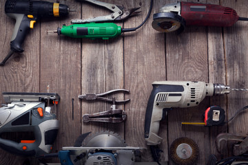 Electric hand tools (screwdriver Drill Saw jigsaw jointer) top view.