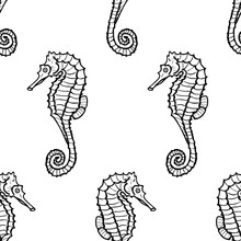 Seamless Pattern From Seahorse Silhouette. Vector Hippocampus
