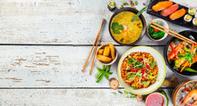 Asian Food Served On Wooden Table, Top View, Space For Text