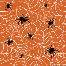Spiders On Webs Seamless Pattern-Orange Background