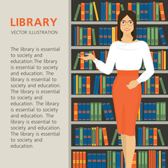 Wall Mural - Librarian is on a background bookcase. Beautiful girl in the library. Library