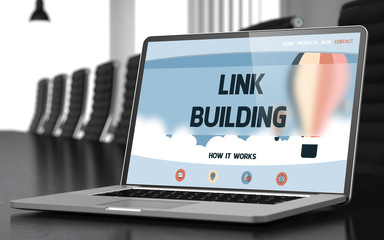 Wall Mural - link building on laptop in conference hall. 3d.