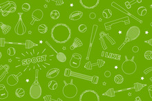 Sports Equipment Pattern. Set Of Colorful Sport Balls And Gaming Items At A Green Background. Subject Of Fitness, Sport, Healthy Lifestyle Tools, Elements. Vector Illustration.