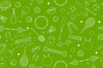 Sports Equipment pattern. Set of colorful sport balls and gaming items at a green background. Subject of fitness, sport, healthy lifestyle tools, elements. Vector Illustration.