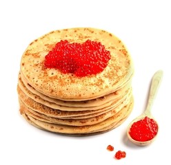 Pancakes with red caviar isolated .