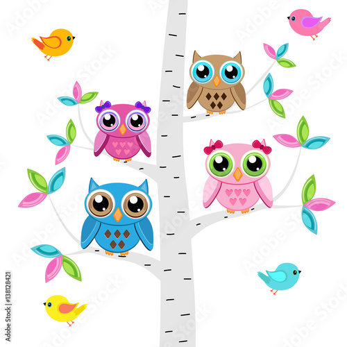 Plakat na zamówienie Vector set of a colorful owls and birds at the tree