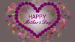 Mother's day greeting card, illustration with wreath, garland of roses in the shape of heart, pink flower petals and ' happy mothers day ' text on grey background with purple flowers, colorful shapes.