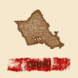 Oahu distressed map. Grunge patriotic poster with textured island ink stamp and roller paint mark, vector illustration.