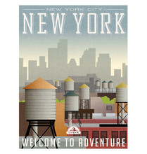  Illustrated Travel Poster Or Sticker For New York. Water Towers On Roof Tops Of Buildings With Skyscrapers In The Distance