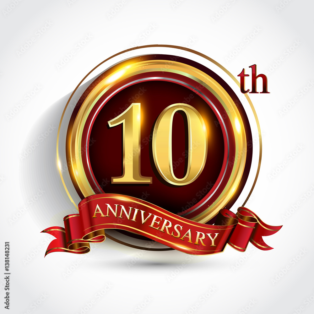 10th anniversary logo with ring and ribbon golden colored isolated on white  background, vector design for greeting card and invitation card. Stock  Vector | Adobe Stock, image size:1000x1000