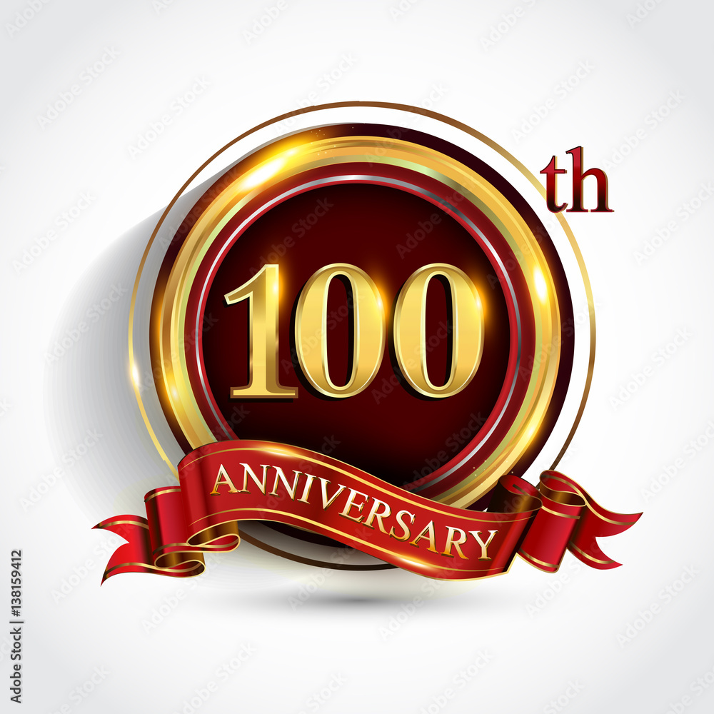 100th anniversary logo with ring and ribbon golden colored isolated on ...