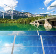 Renewable Energy - Sunlight with solar panel. Wind with wind turbines (3d illustration). Water with dam for hydropower