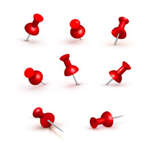 Collection Of Various Red Push Pins. Thumbtacks. Top View. Front View. Close Up. Vector Illustration. Isolated On White Background.