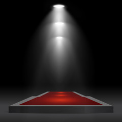 Sticker - Square podium, pedestal or platform with red carpet, illuminated by spotlights on black background. Stage with scenic lights. Vector illustration.