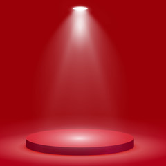 Sticker - Round podium, pedestal or platform illuminated by spotlights on red background. Stage with scenic lights. Vector illustration.