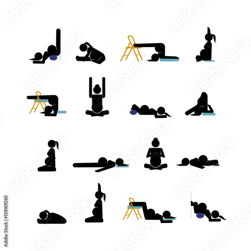 stick figures pregnant woman doing yoga poses stock