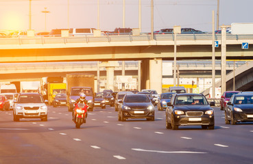 Red motorbike on the highway traffic