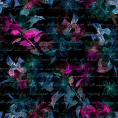 Wall Mural - night mysterious flowers, hand written letter text. black background. seamless pattern