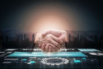 business partner hand shake and technology background.