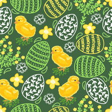 Cute Seamless Pattern With Chicken, Eggs, Flowers And Leaves On A Green Background. Happy Easter. 