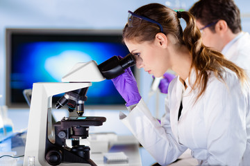 Poster - Life scientists researching in laboratory. Female young scientist and her post doctoral supervisor microscoping in their working environment. Healthcare and biotechnology.