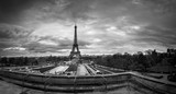 Fototapeta Paryż - Beautiful  panoramic cityscape. View of the Eiffel Tower from the Trocadero. BW photography. France. Paris.