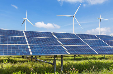 Canvas Print -             solar panels photovoltaics  and wind turbines generating electricity in  power station alternative energy from nature  Ecology concept.   