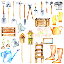 Set, Collection Of Watercolor Objects Of Garden Tools Illustrations, Hand Drawn Isolated On A White Background