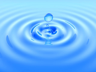  Drop water and ripple on blue surface. 3D illustration.