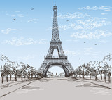 Landscape with Eiffel tower in black and wwhite colors on blue and grey background