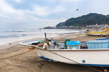 Fishing Boat On The Coast Of Pacific Ocean In Kamakura, Japan