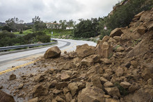 Winter Storm Landslide Blocking Santa Susana Pass Road In The City Of Los Angeles, California.
